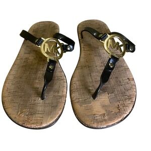 Michael‎ Kors Sandals Womens Size 7 Flip Flops Black & Gold Cork Casual Shoes
